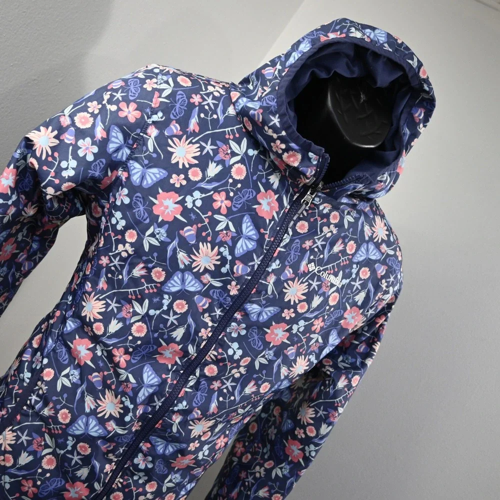 Columbia Reversible Jacket Girls XL (18/20) Navy Blue Floral Butterfly Hooded - Picture 4 of 14